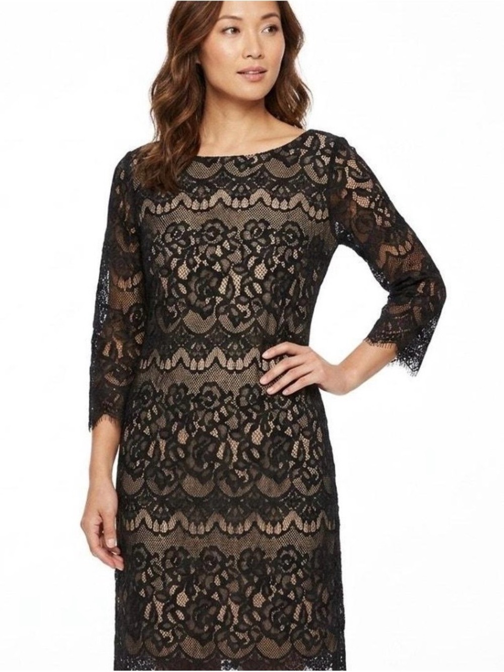 Jessica Howard Black Lace Sheath Dress with Nude Lining